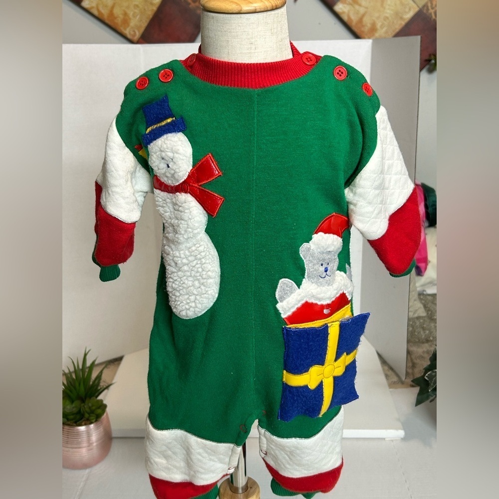 Festive Green Holiday Romper with Snowman and Bear